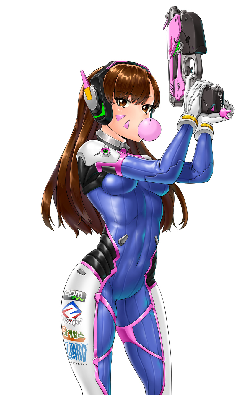 absurdres armor bangs bodysuit bracer breasts brown_eyes brown_hair bubble_blowing charm_(object) chewing_gum contrapposto covered_navel cowboy_shot d.va_(overwatch) emblem eyebrows eyebrows_visible_through_hair facepaint facial_mark gloves gun hand_up handgun hands_up headphones high_collar highres holding holding_gun holding_weapon legs_apart logo long_hair looking_at_viewer medium_breasts overwatch pauldrons pilot_suit ribbed_bodysuit shoulder_pads simple_background skindentation solo standing thigh_strap turtleneck uleuleuleu weapon whisker_markings white_background white_gloves