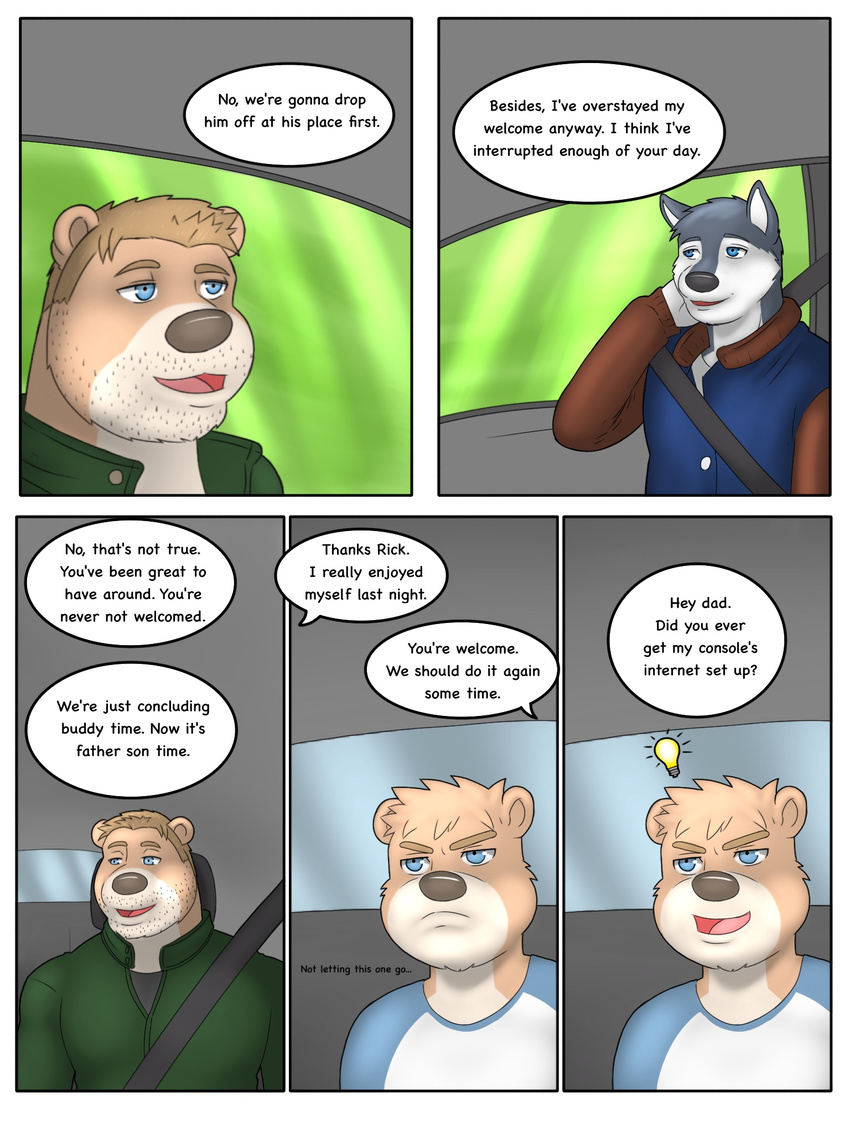 2016 anthro bear canine clothed clothing cody comic dog facial_hair group hi_res husky male mammal rain-yatsu rainier rick seattle_fur