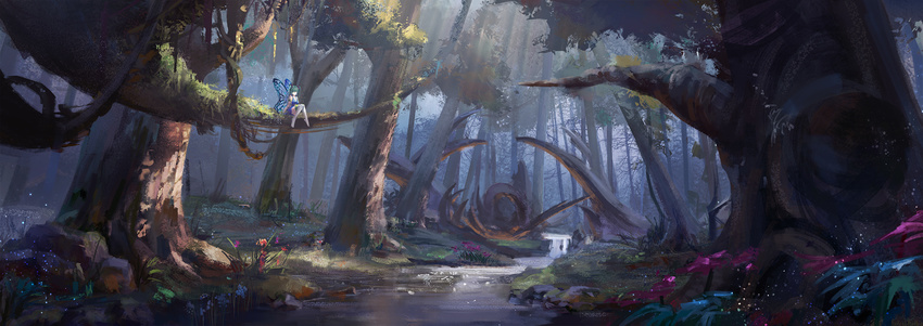 aqua_eyes aqua_hair butterfly_wings fairy fairy_wings forest grass hatsune_miku highres long_hair minigirl nature outdoors river scenery solo sunlight tianya_beiming tree twintails very_long_hair vocaloid wings