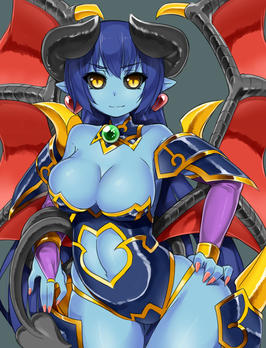 armor astaroth_(shinrabanshou) bangs bare_shoulders black_sclera blue_hair blue_leotard blue_skin breasts bridal_gauntlets cleavage closed_mouth commentary_request cowboy_shot demon_girl demon_horns demon_tail demon_wings detached_collar earrings faulds grey_background hand_on_hip heart heart_earrings highleg highleg_leotard highres hips horns jewelry large_breasts leotard light_smile long_hair looking_at_viewer midriff mikusu navel navel_cutout pointy_ears red_wings shinrabanshou short_pointy_ears shoulder_armor sideboob simple_background slit_pupils smile solo spaulders standing strapless strapless_leotard tail thigh_gap thighhighs very_long_hair wings yellow_eyes