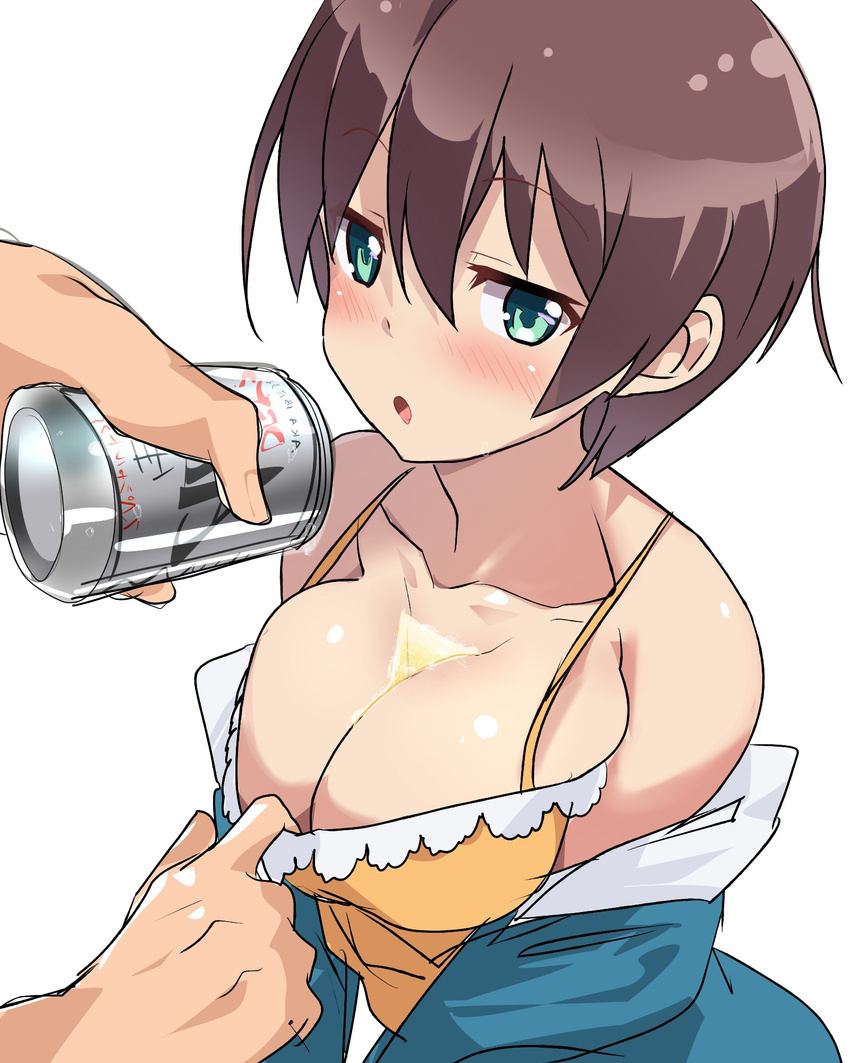 1girl alcohol aqua_eyes bare_shoulders beer beer_can blush breasts brown_hair bust_cup can cleavage collarbone commentary_request highres large_breasts looking_at_viewer new_game! open_mouth shinoda_hajime short_hair solo_focus top_pull wet yamacchi