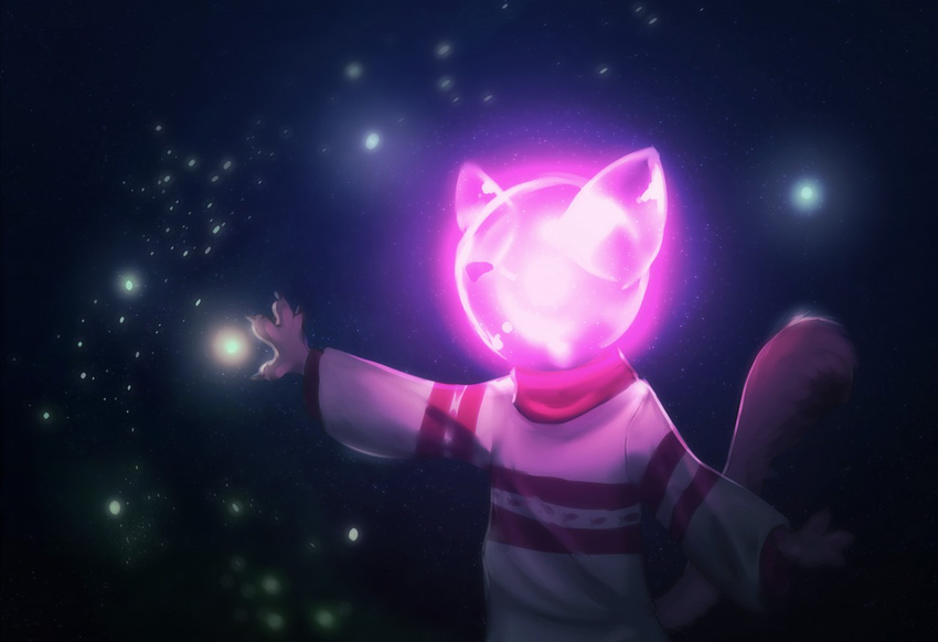 abstract_background akitary ambiguous_gender child claws crystal digital_media_(artwork) digital_painting_(artwork) faceless feline firefly glowing lightbulb mammal paws pink_light shaded simple_background swarm watty young