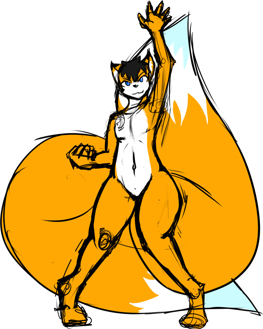 ambiguous_gender black_background blue_eyes canine chimer flat_colors fox fur girly mammal multi_tail multicolored_fur nude pose sev simple_background sketch thick_thighs wide_hips