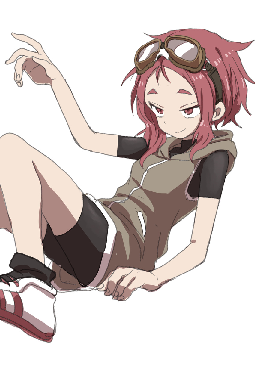 bike_shorts eyebrows forehead goggles goggles_on_head hand_up highres hood hood_down hoodie hoodie_vest leaning_back original pink_eyes pink_hair shoes short_hair simple_background smile sneakers solo vest white_background yamamoto_souichirou