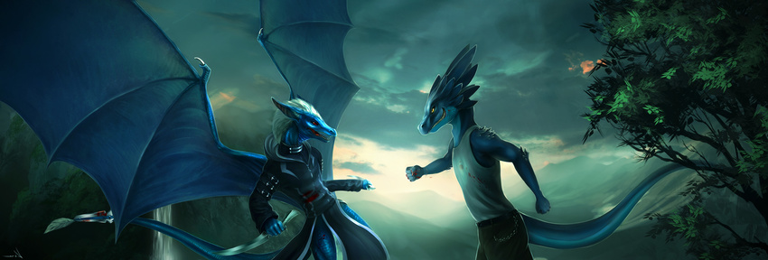 2013 5_fingers akitary anthro battle blue_scales cloud dagger desolate_vorigan detailed_background digital_media_(artwork) digital_painting_(artwork) dragon drayk_dagger dual duo grin long_muzzle long_neck male mane_hair melee_weapon membranous_wings pose realistic scales shaded shurian signature spikes spread_wings sunlight tree trenchcoat waterfall weapon wings