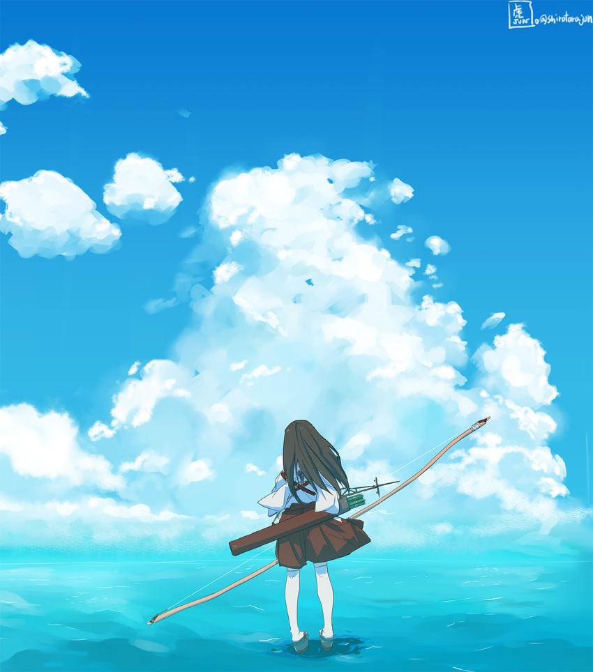 akagi_(kantai_collection) blue_sky bow_(weapon) brown_hair cloud commentary_request day from_behind hakama_skirt highres horizon japanese_clothes kantai_collection long_hair ocean sky solo thighhighs tora_jun water weapon