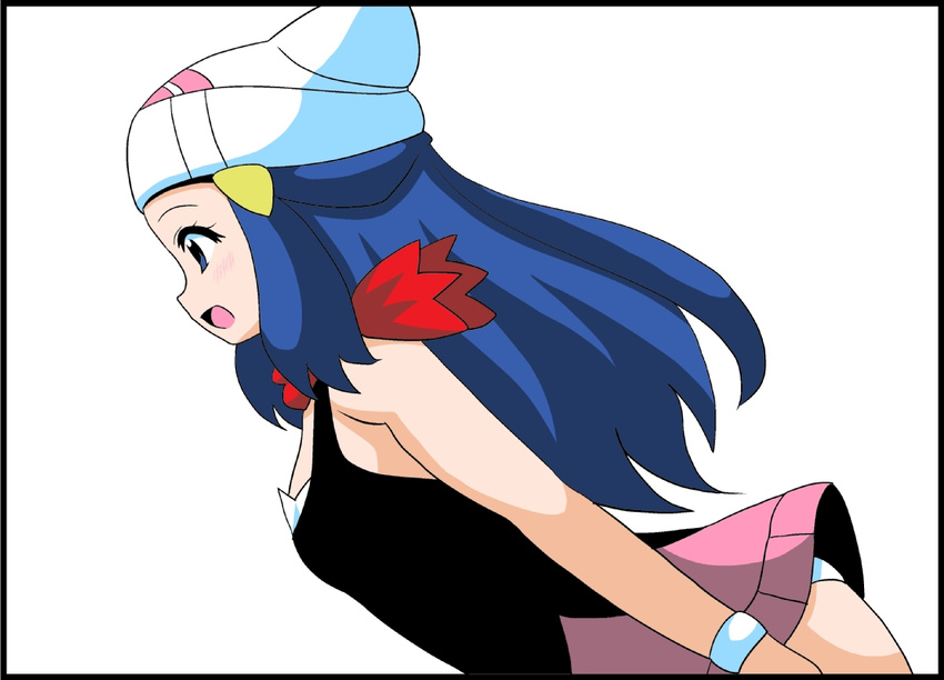 blue_eyes blue_hair blush breasts dress hat hikari_(pokemon) koutarosu long_hair panties pokemon pokemon_(anime) scarf simple_background skirt solo underwear white_background