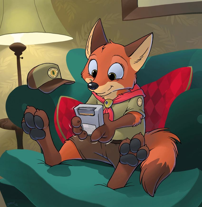 canine chair clothed clothing disney fox fur game_boy hat lamp mammal nick_wilde nintendo orange_fur paws pillow raccoondrew video_games zootopia