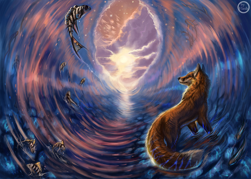 amber_eyes ambiguous_gender canine day detailed_background feral fish flashw fox fur mammal marine nude orange_fur outside paws sky solo standing sun water