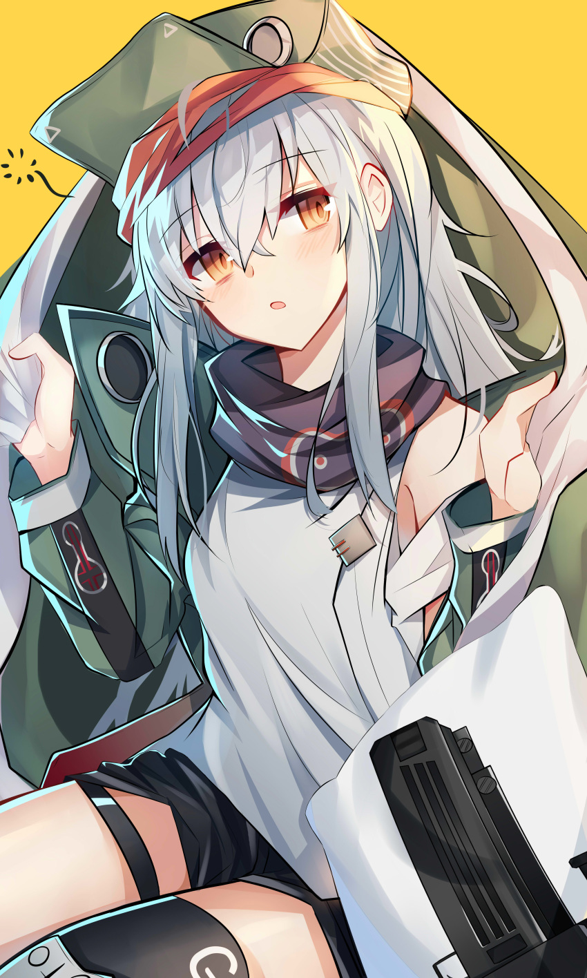 1girl :o absurdres assault_rifle bangs bare_shoulders black_legwear black_scarf black_shorts blanket blush breasts eyebrows_visible_through_hair g11 g11_(girls_frontline) girls_frontline green_hat green_jacket gun hair_between_eyes hands_up hat head_tilt highres holding holding_blanket jacket long_hair long_sleeves looking_at_viewer off_shoulder open_clothes open_jacket orange_eyes parted_lips peaked_cap rifle scarf shirt short_shorts shorts sidelocks simple_background single_thighhigh sitting sleeveless sleeveless_shirt small_breasts solo thigh_strap thighhighs weapon white_hair white_shirt yanggang yellow_background