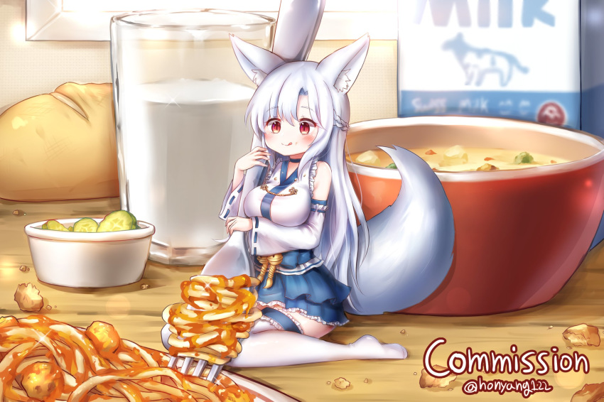 1girl animal_ears artist_name bangs blue_choker blue_skirt blush bowl braid breasts choker commentary_request commission crown_braid crumbs cucumber_slice cup detached_sleeves eyebrows_visible_through_hair food fork fox_ears fox_girl fox_tail frilled_skirt frilled_sleeves frills highres honyang indoors korean_commentary large_breasts loaf_of_bread long_hair milk_carton minigirl on_table original pasta plate red_eyes silver_hair sitting skirt smile solo soup spaghetti table tail thighhighs tongue tongue_out twitter_username very_long_hair wariza white_legwear wide_sleeves