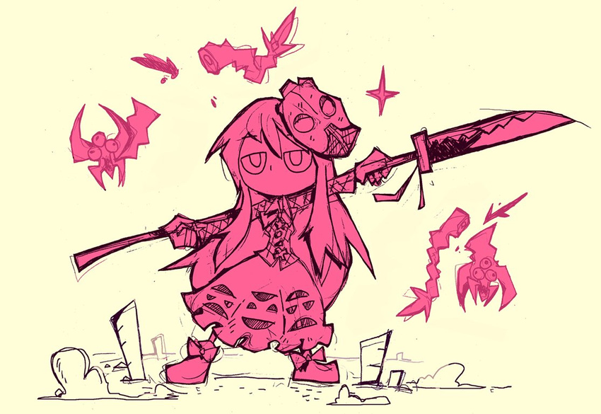 bow bubble_skirt checkered checkered_skirt commentary dust expressionless giant's_mask hata_no_kokoro limited_palette long_hair monster naginata no_mouth over_shoulder pink polearm setz shoe_bow shoes sidelocks sketch skirt solo sparkle the_legend_of_zelda the_legend_of_zelda:_majora's_mask touhou very_long_hair victory weapon weapon_over_shoulder