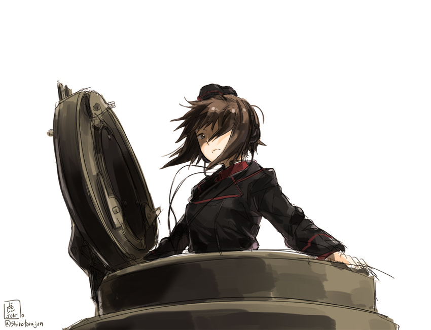 black_jacket brown_eyes brown_hair garrison_cap girls_und_panzer hat headphones jacket kuromorimine_military_uniform military military_uniform nishizumi_maho red_shirt shirt short_hair solo tank_turret throat_microphone tora_jun uniform white_background