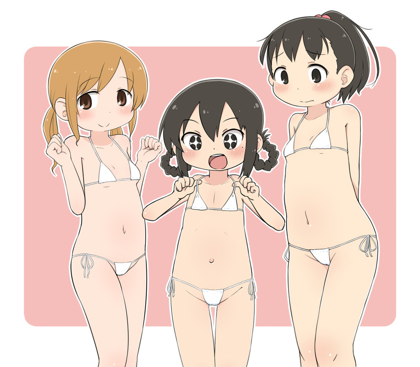 +_+ 3girls bikini child hair_bobbles hair_ornament itou_shiori katou_mayumi looking_at_viewer micro_bikini mitsudomoe multiple_girls navel ogata_airi open_mouth shiny shiny_hair shiny_skin short_hair side-tie_bikini small_breasts tomboo white_bikini