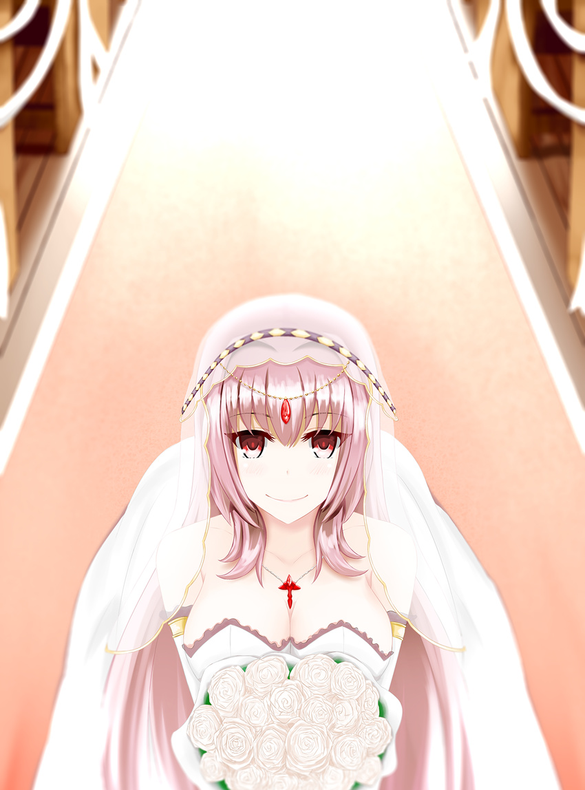 bare_shoulders blush bouquet breasts bridal_veil church cleavage dress elbow_gloves fate/grand_order fate_(series) flower gae_bolg gloves hair_ornament highres holding holding_bouquet indoors jewelry kohana_shirubeka large_breasts long_hair looking_at_viewer necklace purple_hair red_eyes scathach_(fate)_(all) scathach_(fate/grand_order) smile solo strapless strapless_dress veil very_long_hair wedding wedding_dress white_dress white_gloves