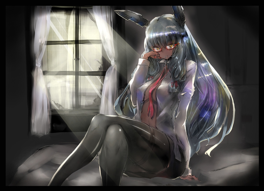 arm_support bed blue_hair crossed_legs curtains dark_skin glasses gond hair_in_mouth indoors kantai_collection long_hair miniskirt murakumo_(kantai_collection) open_clothes open_shirt pantyhose semi-rimless_eyewear shirt skirt solo window yellow_eyes