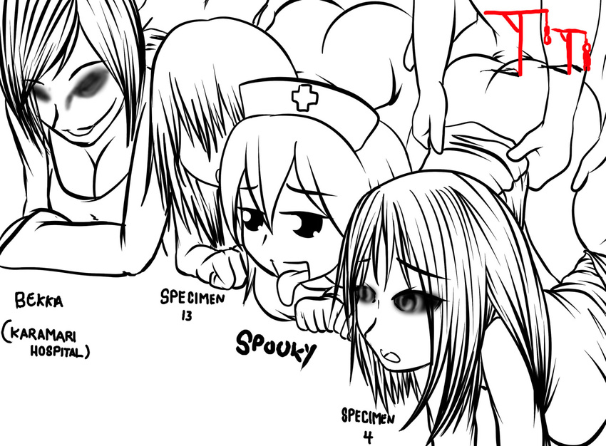 black_eyes black_sclera breasts cleavage clothed clothing english_text faceless_male female from_behind_position ghost group hair_over_eyes hat humanoid male monstrous_humanoid not_furry nurse penetration sex specimen_13 specimen_4 spirit spooky's_house_of_jump_scares spooky_(shojs) suicidetoto text tongue tongue_out