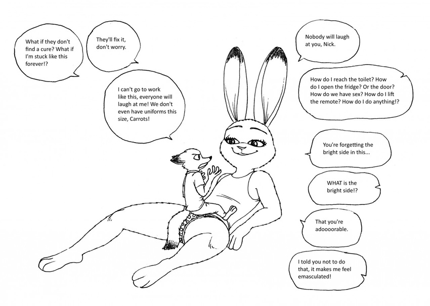 anthro bernielover canine clothed clothing dialogue disney english_text female fox fur judy_hopps lagomorph larger_female male mammal nick_wilde rabbit simple_background size_difference text zootopia