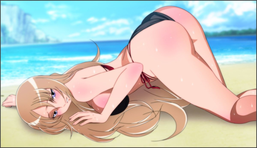 all_fours aquila_yuna ass beach bikini black_bikini breasts day medium_breasts ocean outdoors saint_seiya saint_seiya_omega side-tie_bikini sideboob solo swimsuit yadokari_genpachirou