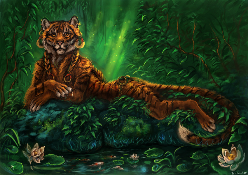 amber_eyes anthro braided_hair claws detailed_background ear_piercing feline female flashw fur hair jungle looking_at_viewer lying mammal nude orange_fur outside paws piercing pink_nose solo stripes tiger water