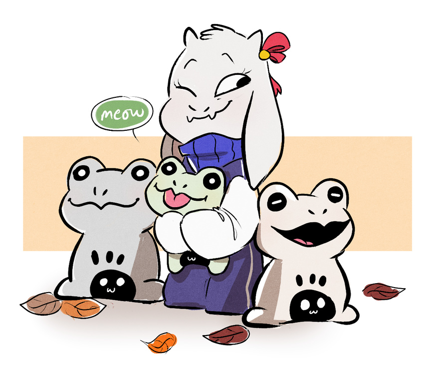 amphibian caprine child clothing cute eyes_closed fangs female frog froggit fur goat group happy horn hug leaves littletale long_ears mammal mudkipful robe simple_background smile tongue toriel undertale video_games white_fur young