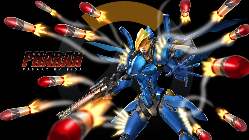 armor artist_name black_background black_hair brown_eyes character_name dark_skin finger_on_trigger firing full_armor gauntlets glowing gun highres holding holding_gun holding_weapon legs_apart logo looking_at_viewer motion_blur one_eye_covered outstretched_arm overwatch parted_lips pharah_(overwatch) power_armor red_lips rocket smoke solo sunkilow visor wallpaper weapon