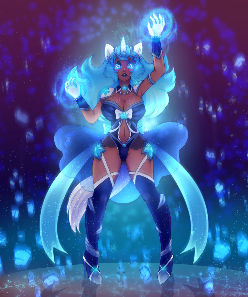 2016 animal_humanoid big_breasts blue_eyes blue_lips boots bracelet breasts cleavage clothed clothing dark_skin dress equine equine_humanoid female footwear fur glowing high_heeled_boots high_heels horn humanoid jewelry legwear lips looking_up magic mammal navel necklace pastelletta solo standing thigh_high_boots white_fur wide_hips