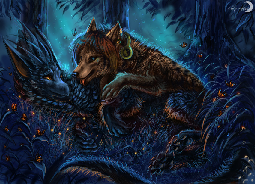 amber_eyes ambiguous_gender beak black_nose blue_eyes brown_fur brown_hair canine claws detailed_background duo eye_contact feral flashw forest fur grass hair headphones hybrid mammal night open_mouth outside paws smile tongue tree wolf