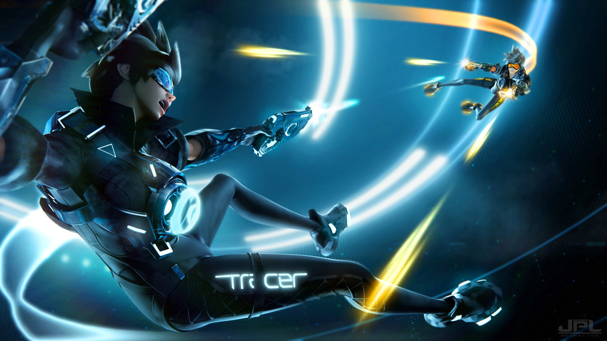 3d alternate_color artist_name artstation_sample bangs black_gloves black_jacket bodysuit bomber_jacket brown_eyes brown_gloves brown_hair brown_jacket closed_mouth commentary cross-laced_clothes cross-laced_legwear crossover disney dual_persona dual_wielding firing fur_trim gloves glowing glowing_weapon goggles gun handgun hands_up harness highres holding holding_gun holding_weapon image_sample jacket kevin_lumoindong leather leather_jacket midair multiple_girls neon_lights neon_trim open_mouth overwatch pants parody pistol shoes short_hair short_sleeves sleeves_rolled_up spiked_hair swept_bangs tight tight_pants tracer_(overwatch) tron vambraces weapon