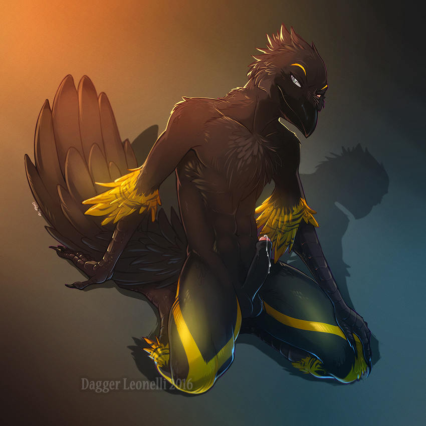 2016 avian balls bird black_feathers corvid cum dagger_leonelli feathers kneeling looking_at_viewer male markings nude penis raven solo uncut yellow_markings