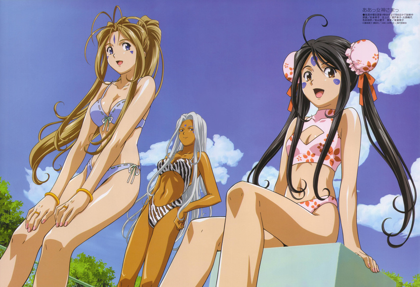 90s :d aa_megami-sama absurdres ahoge animal_print antenna_hair belldandy bikini black_hair blue_eyes bracelet breasts brown_eyes bun_cover casual_one-piece_swimsuit chain-link_fence cleavage cleavage_cutout cloud dark_skin day double_bun dutch_angle facial_mark fence flat_chest floral_print forehead_mark front-tie_top hand_on_hip highres jewelry legs long_hair long_legs medium_breasts megami multiple_girls nail_polish navel non-web_source official_art one-piece_swimsuit open_mouth outdoors pink_nails print_bikini print_swimsuit ribbon ring scan siblings side-tie_bikini sisters sitting skuld sky smile sports_bikini standing sugimoto_sachiko swimsuit tree twintails urd very_long_hair white_hair zebra_print