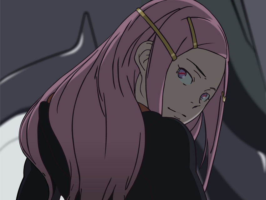 anemone_(eureka_seven) close-up eureka_seven eureka_seven_(series) hair_ornament hairclip looking_at_viewer looking_back pink_eyes pink_hair smile solo symbol-shaped_pupils vector_trace