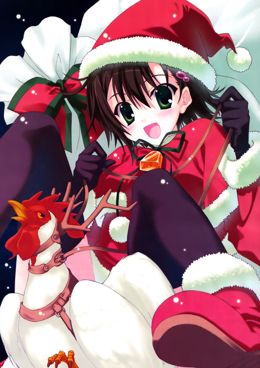 absurdres bird black_hair chicken highres isurugi_noe jibeta nanao_naru santa_costume solo thighhighs true_tears