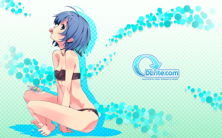 ahoge aqua_background bandeau bangs barefoot between_legs bikini blue_eyes blue_hair bow bow_bikini bowl breasts choker cleavage colored_shadow crossed_legs dlsite.com drop_shadow eating elle_sweet feet food fork from_side halftone halftone_background head_tilt highres indian_style looking_at_viewer lowleg lowleg_bikini mouth_hold navel profile purple_bikini refeia ribbon ribbon_choker shadow short_hair sitting small_breasts soles solo spread_toes swimsuit toes tongue tongue_out transparent v_arms wallpaper watermark web_address widescreen