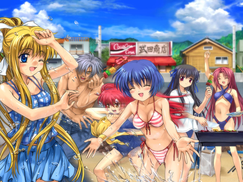 5girls air bikini bikini_under_clothes blonde_hair blush breasts cleavage day front-tie_top grill grilling kamio_haruko kamio_misuzu kirishima_kano kunisaki_yukito large_breasts medium_breasts michiru_(air) multiple_girls mutsuki_(moonknives) old_school_swimsuit one-piece_swimsuit one_eye_closed open_mouth playing school_swimsuit side-tie_bikini smile splashing string_bikini striped striped_bikini striped_swimsuit swimsuit swimsuit_under_clothes toono_minagi underboob water