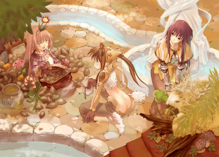 apple ass candy candy_cane carrot clover flower food fountain four-leaf_clover fruit highres honey kneeling merchant_(ragnarok_online) morii_shizuki multiple_girls no_panties ragnarok_online sweet_potato swordsman_(ragnarok_online) thief_(ragnarok_online) water