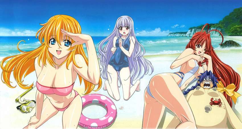 1boy 3girls azmaria_hendric beach bikini blonde_hair blue_eyes breasts chrno_crusade chrono cleavage kadokawa_shoten large_breasts long_hair megami midriff multiple_girls red_hair rosette_christopher satella_harvenheit sideboob swimsuit