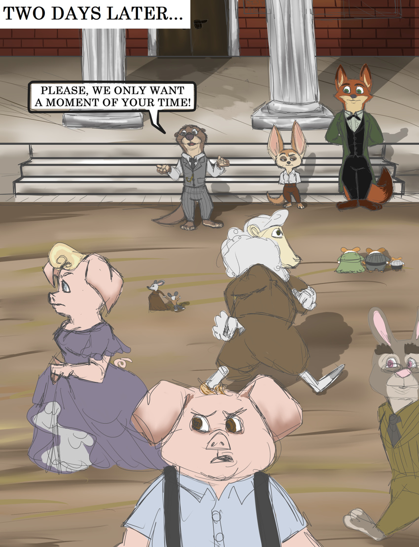 alternate_universe anthro canine caprine clothed clothing comic digital_media_(artwork) disney emmitt_otterton finnick fox hi_res lagomorph mammal mouse mustelid nick_wilde otter pig porcine progressoftomorrow rabbit rodent sheep text zootopia