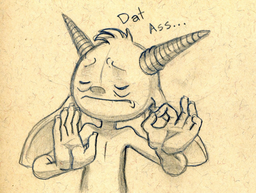 big_ears clothed clothing english_text eyes_closed front_view half-length_portrait horn imp meme monochrome pencil_(artwork) portrait text topless traditional_media_(artwork) tush tush_(character)