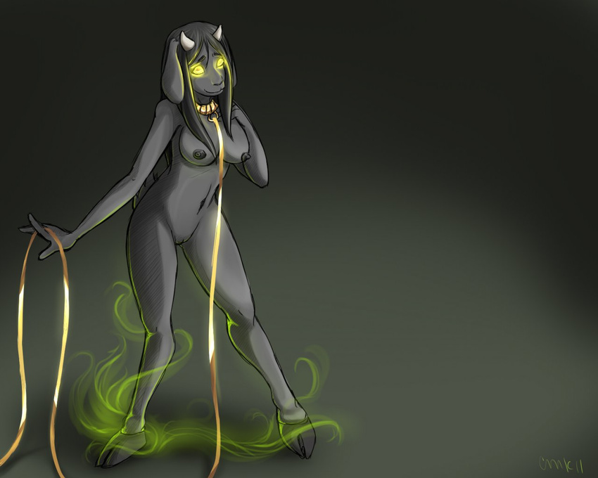 anthro black_fur black_hair breasts caprine clothed clothing fur gender_transformation goat green_glow grey_background hair hooves horn human mammal mikakitty simple_background solo transformation