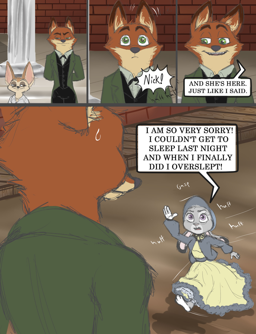 alternate_universe anthro canine clothed clothing comic digital_media_(artwork) disney finnick fox hi_res judy_hopps lagomorph mammal nick_wilde progressoftomorrow rabbit text zootopia