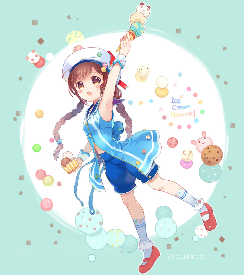 arm_up armpits bad_id bad_pixiv_id bare_shoulders blush braid brown_eyes brown_hair food hair_bobbles hair_ornament hat highres ice_cream ice_cream_cone kneehighs long_hair mary_janes navel original sailor_collar shoes shorts solo takeda_mika twin_braids