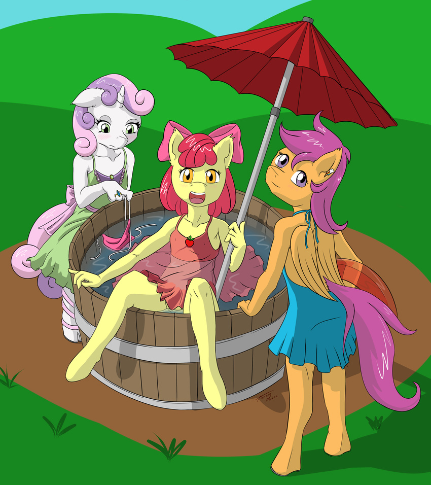 amber_eyes annonymouse apple_bloom_(mlp) blush bottomless clothed clothing dress ear_piercing earth_pony equine friendship_is_magic green_eyes hair hi_res horn horse looking_at_viewer mammal my_little_pony pegasus pendant piercing pink_hair pony purple_eyes purple_hair red_hair ring scootaloo_(mlp) sweetie_belle_(mlp) umbrella unicorn water wet wings young