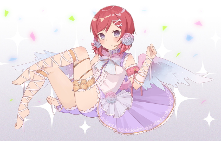 1girl barefoot birthday blush feet female flower garter hair_ornament hairpin love_live!_school_idol_project microphone minase_nagi nishikino_maki purple_eyes red_hair short_hair shorts smile solo wings