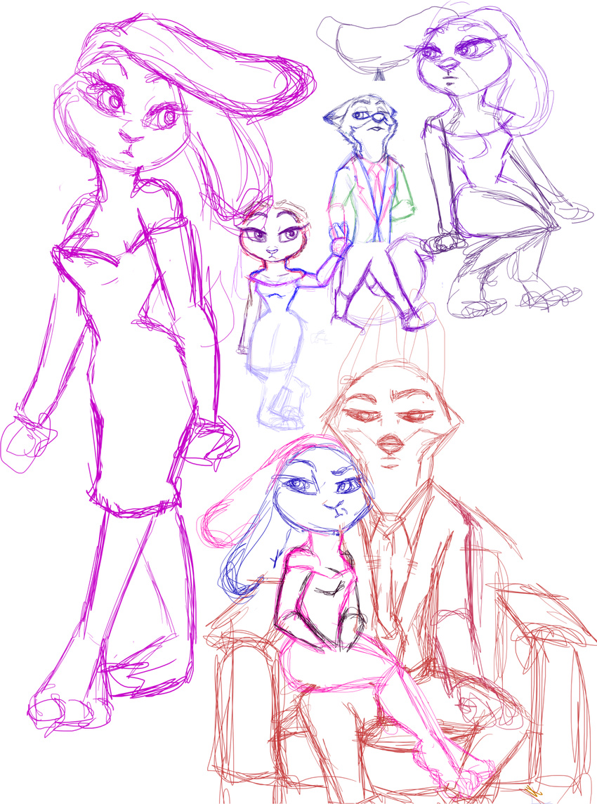 canine chair clothing disney dress fanfic_art fox judy_hopps lagomorph mammal nick_wilde progressoftomorrow rabbit simple_background sketch suit zootopia