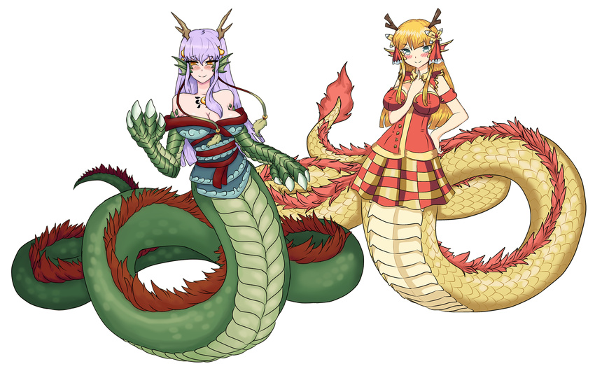 alternate_costume antlers bare_shoulders blonde_hair blue_eyes blush breasts checkered checkered_skirt claws cleavage crossover dragon_girl dragon_horns fan_long full_body gabrilux hand_on_hip head_fins highres horns lamia long_hair medium_breasts monster_girl monster_girl_encyclopedia monster_musume_no_iru_nichijou monster_musume_no_iru_nichijou_online multiple_girls purple_hair ryuu_(monster_girl_encyclopedia) scales skirt smile trait_connection transparent_background yellow_eyes