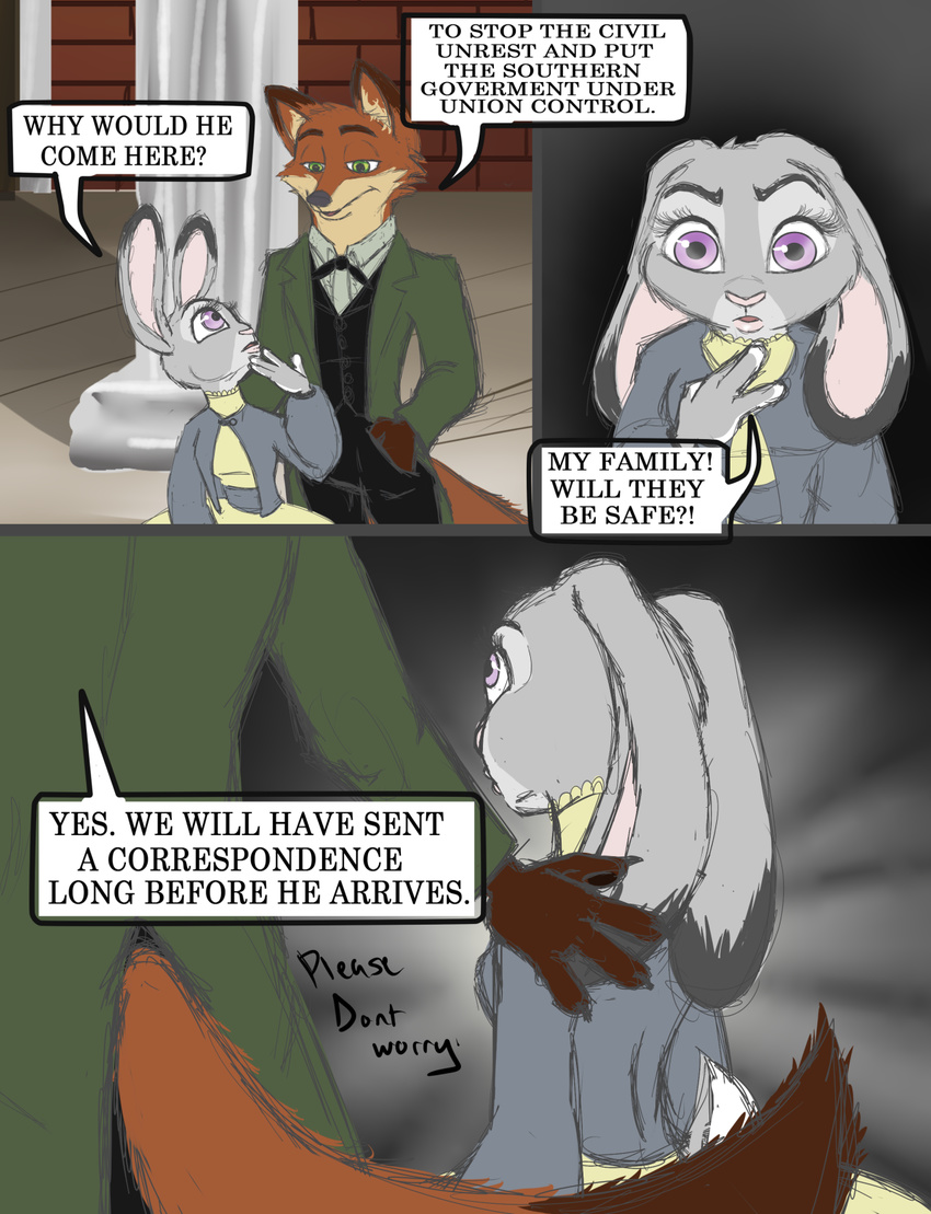 alternate_universe anthro canine clothed clothing comic digital_media_(artwork) disney fox hi_res judy_hopps lagomorph mammal nick_wilde progressoftomorrow rabbit text zootopia