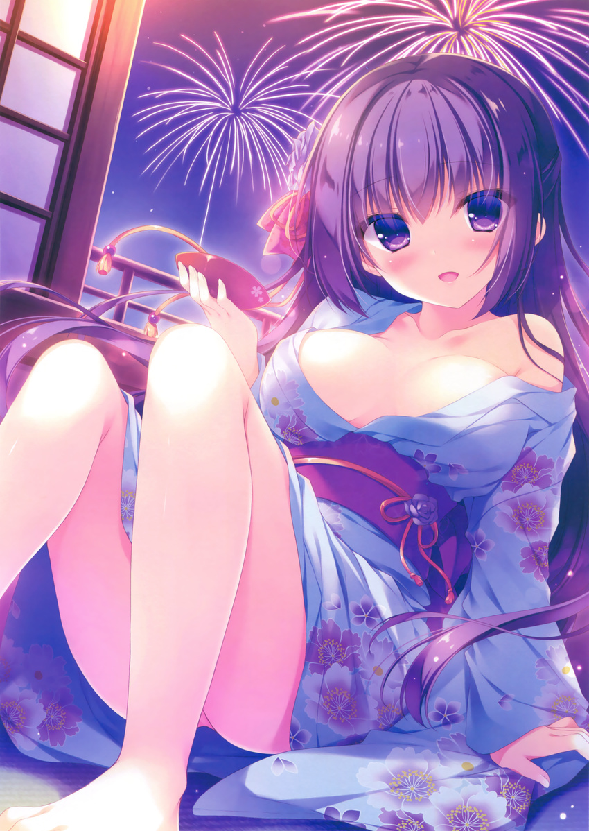 :d absurdres arm_support bare_shoulders barefoot blush breasts breasts_apart collarbone cup dutch_angle fireworks floral_print flower furisode hair_flower hair_ornament head_tilt highres holding japanese_clothes kimono large_breasts long_hair looking_at_viewer night obi off_shoulder on_floor open_mouth original purple_eyes purple_hair railing sakazuki sash scan smile solo very_long_hair yukie_(peach_candy)