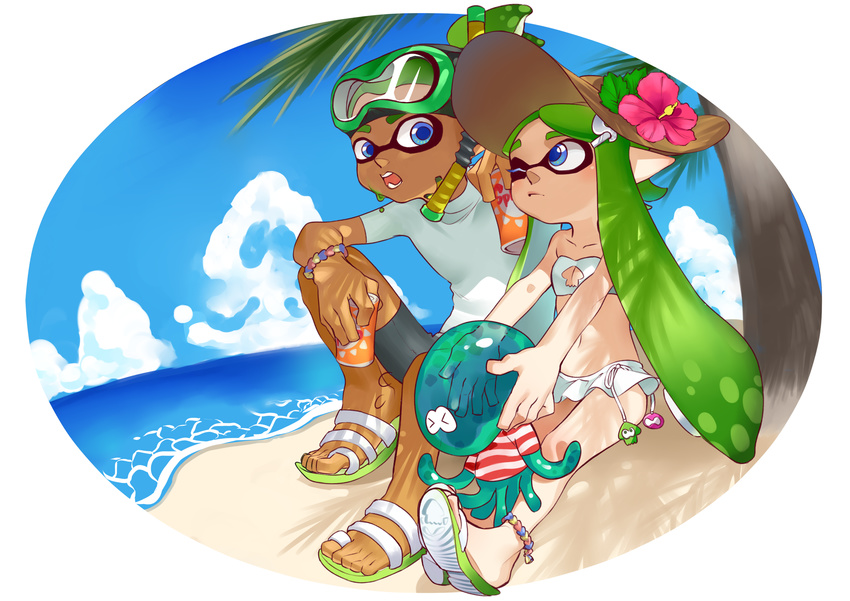 1girl bare_shoulders beach bikini blue_eyes cleavage_cutout collarbone dark_skin dark_skinned_male domino_mask flower green_hair hat hat_flower hibiscus highres inkling itsuya_(mohumohu0521) jellyfish jellyfish_(splatoon) long_hair mask one_eye_closed pointy_ears sandals shirt short_hair shorts sitting skirt snorkel splatoon_(series) splatoon_1 strapless swimsuit t-shirt tentacle_hair tubetop white_bikini