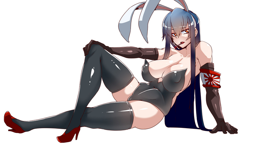 animal_ears arm_support armband bare_shoulders black_gloves black_hair black_legwear breasts bunny_ears bunny_girl bunnysuit cigarette cleavage commentary_request covered_nipples elbow_gloves full_body gloves high_heels highres kamen_no_hito large_breasts leotard long_hair looking_at_viewer original red_eyes sidelocks solo sunburst thighhighs